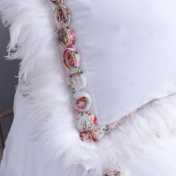 White Pillow Sham with Colorful Rosettes & Feather Trim