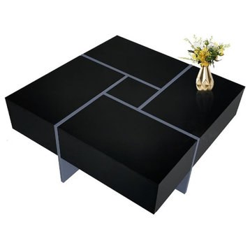 Modern Coffee Table, Expandable Sliding Square Top With Hidden Storage, Black