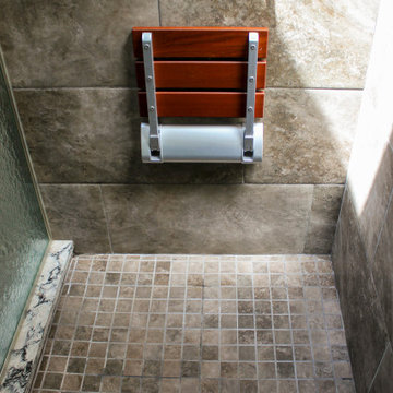 Small Masterbath with Green Cabinetry, Custom Tiled Shower and Storage