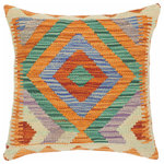 Bareens Designer Rugs - Bohemian Turkish Shalonda Hand Woven Kilim Throw Pillow - Embellish your home with this timeless casual chic handmade Southwestern Kilim throw pillow covers made with and cotton. Constructed on a loom by Nomad Turkman people with hand spun and Natural Vegetable dyes these beautiful Kilim pillow covers are known for their beautiful repetitive geometrical, naturalistic floral and traditional patterns yet still giving it a moden look. Masterfully artisan-crafted on traditional Kilim looms with a contemporary fashion palette producing bold intricate sharp patterns making them a standout piece in any decor.