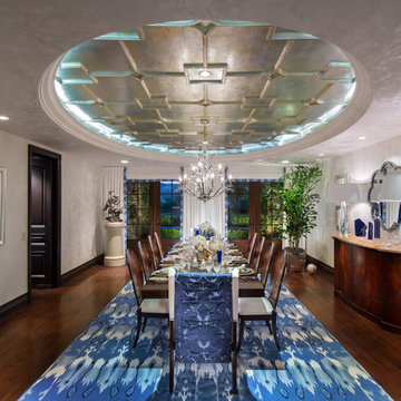 Dining room w/ silver-leaf ceiling and cream metallic plaster walls