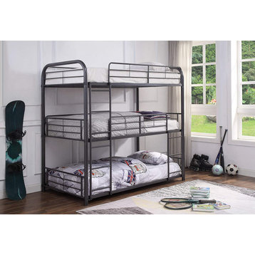 Triple Twin Bunk Bed, Metal Frame With Safety Guard Rails & 2 Ladders, Gunmetal