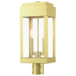 Livex Lighting - Satin Brass Transtional,  Modern Classic, Outdoor Post Top Lantern - The simple rectangular shape of the York collection is an updated classic transitional line that will complement most home exteriors. The hand crafted solid brass construction is finished in satin brass. The clear glass exposes the candles seen from all angles showing off the beautiful glow effect.  Greet your visitors with this medium two-light post top lantern providing your home with a stunning and welcoming air.