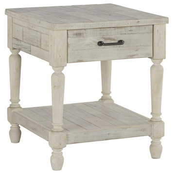 Benzara BM213375 Plank Style End Table with 1 Drawer & Bottom Shelf Washed White