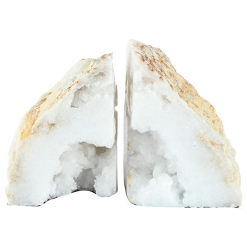 Benzara BM285560 5" Natural White Stone Bookends, Artisanal Textured Geode Rock