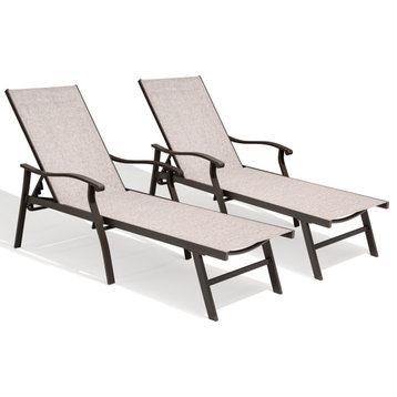 Outdoor Patio Aluminum Adjustable Chaise Lounge Chair with Arms (Set of 2), Beige
