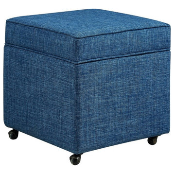 Posh Living Ruby Tufted Linen Fabric Cube Storage Ottoman with Casters in Blue