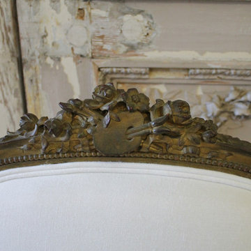 Antique Louis XVI Style Giltwood Bergere Chair in White Linen