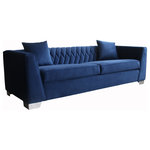 Armen Living - Cambridge Contemporary Sofa, Brushed Stainless Steel and Blue Velvet - The Armen Living Cambridge contemporary sofa is an ideal piece to have in any modern living room. This exquisite sofa combines the durability of a metal and birch wood frame with the comfort and sophistication of elegant velvet upholstery. Plush and inviting, the Cambridge couch features a unique channel patterned back and two velvet throw pillows for enhanced support. The Cambridge's brushed stainless steel legs perfectly accent the rich upholstery and elegant design of the sofa. Pair the Cambridge sofa with the Cambridge loveseat and chair to create a unique living room aesthetic. The Cambridge is available in beautiful dark Gray, Blue or Blush velvet.