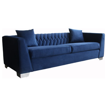 Cambridge Contemporary Sofa, Brushed Stainless Steel and Blue Velvet