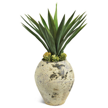 Earth Ware Pot w/Faux Yucca Needle Point