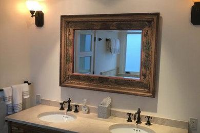 Mid-sized mountain style master slate floor and gray floor bathroom photo in San Francisco with furniture-like cabinets, distressed cabinets, white walls, an undermount sink and granite countertops