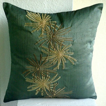 Botanical Art Silk Dark Green Throw Pillows Cover, Green Foliage, 18"x18"