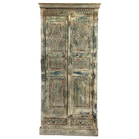 Consigned Antiqued Solid Wood Armoire Distressed Patina Rustic Wardrobe 81