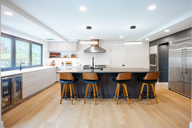 Example of a mid-sized minimalist kitchen design in Nashville with flat-panel cabinets, gray cabinets and quartzite countertops