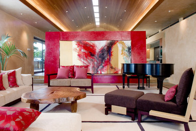 Example of a trendy living room design in Hawaii with a music area and beige walls