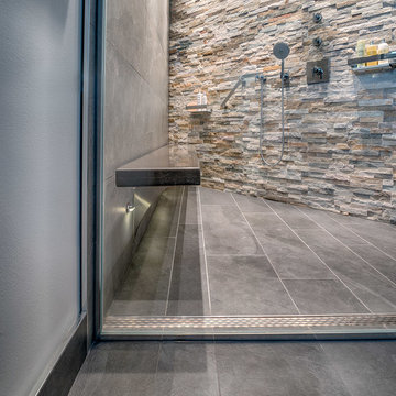 Extra-long floating bench in open shower