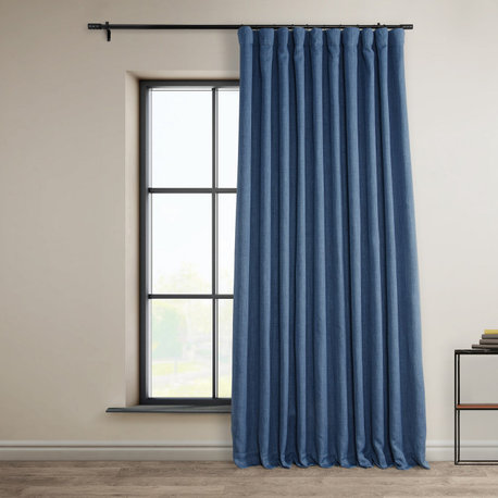 Faux Linen Extra Wide Room Darkening Curtain Single Panel, Denim, 100"x96"