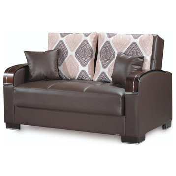 Modern Sleeper Loveseat, Rounded Wooden Arms and Tufted Seat, Brown Leatherette