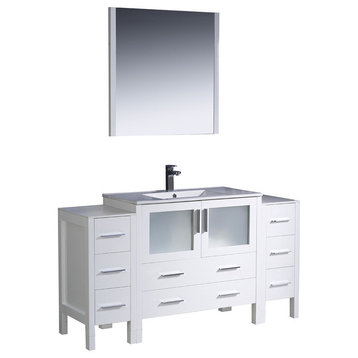 Torino 60" White Modern Bathroom Vanity w/ 2 Side Cabinets & Integrated Sink
