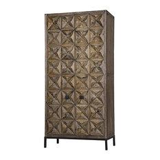 90.5" Tall Hutch Solid Fir Wood Raised X Pattern Double Doors Black Metal Base