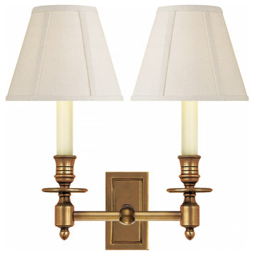 French Double Library Wall Sconce 2-Light Hand-Rubbed  Brass B Linen Shade 12"H