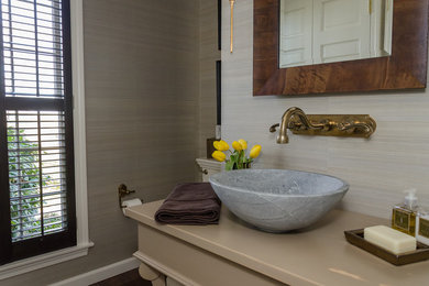 Bathroom - small traditional 3/4 porcelain tile bathroom idea in New York with a vessel sink, a two-piece toilet and gray walls