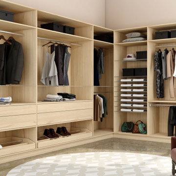 Modern Walk in Fitted Wardrobe in Sab Oak Light Woodgrain by Inspired Elements