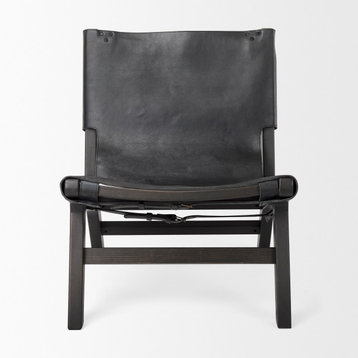 Elodie Black Genuine Leather w/ Black Solid Wood Frame Accent Chair