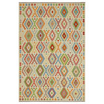 Bareens Designer Rugs - Retro Turkish Kilim Pearson Hand-Woven Wool Rug - 6'9'' x 9'8'' - Elevate the elegance of your home with this stunning hand-woven tribal Kilim wool rug. Meticulously crafted on a loom by the Nomad Turkman people using hand-spun wool and 100% natural vegetable dyes, these rugs are recognized for their repetitive geometric patterns, incorporating naturalistic floral and traditional designs. The contemporary fashion palette results in bold, sharp patterns that are incredibly versatile, as the pattern is the same on both sides. These reversible rugs feature a lighter shade on one side and brighter colors on the other, providing versatility according to preference. These unique rugs are made by knotting short strands of different colors onto the warps and securing them by tightly pressing the wefts. The designs are created by interweaving the various colored wefts and warps. Kilims are known for their exceptional durability and versatility, making them truly unique rugs.  Product Details    Rug Size: 6'9'' x 9'8''  Material: 100% Wool  Style: Kilim, Flat Weave, Dhurrie, Turkish, Southwestern, Rustic, Tribal  Colors: Beige, Red  Weave Type: Hand-Woven, Handmade  Pile Height: Less than 0.25 inch