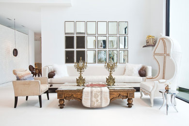 Example of a trendy living room design in Houston with white walls