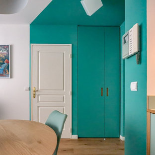 На фото: маленькое фойе в современном стиле с зелеными стенами, полом из линолеума, одностворчатой входной дверью и белой входной дверью с