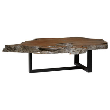 Brown Wood Contemporary Coffee Table with Black T Stand Base 50" x 32" x 15"