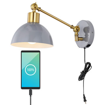 Lisa Swing Arm 1-Light Modern Midcentury Iron USB Charging Port LED Sconce, Gray