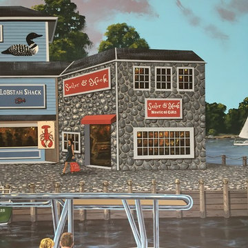 New England Harbor Town Mural, hand painted throughout a lower level
