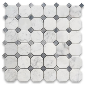 Carrara White Marble 2" Octagon Mosaic Tile Bardiglio Gray Polished, 1 sheet