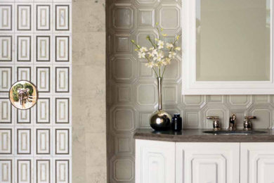 Large trendy master multicolored tile and ceramic tile doorless shower photo in Raleigh with furniture-like cabinets, white cabinets, beige walls, an undermount sink and granite countertops