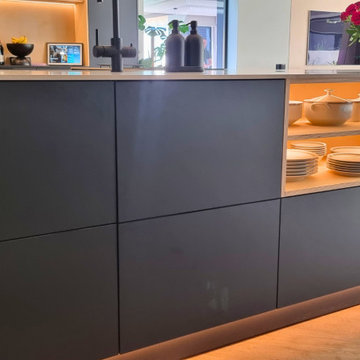 Black matt modern luxury plywood kitchen with island.