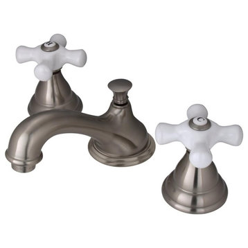 Low Profile Bathroom Faucet, Curve Spout & Crossed White Handles, Brushed Nickel