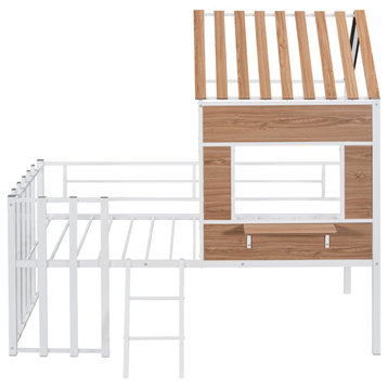 Gewnee Metal Twin Loft Bed with Roof, Window and Ladder in White