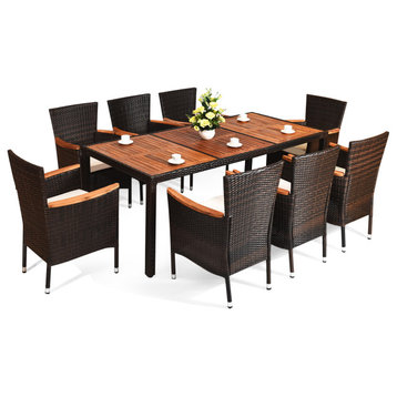 9PCS Patio Rattan Dining Set  8 Chairs Cushioned Acacia Table Top