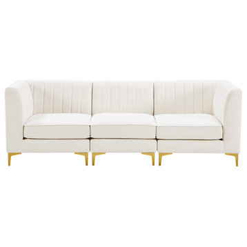 Alina Velvet Upholstered 3-Piece Modular Sofa, Cream