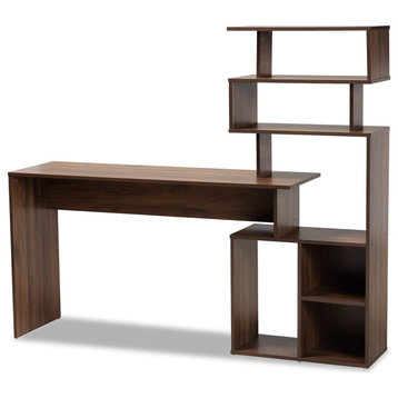 Modern Desk, Rectangular Top & Integrated Bookcase With Multiple Shelves, Walnut