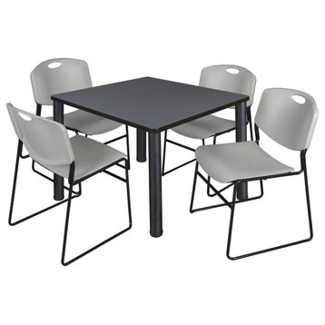 Kee 42" Square Breakroom Table- Grey/ Black & 4 Zeng Stack Chairs- Grey