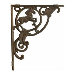 Import Wholesales - Wall Shelf Bracket Horse Pattern, Rust Brown Cast Iron, 8" Deep - Brackets