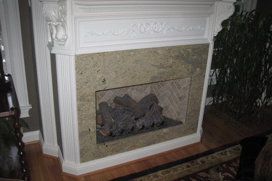 Example of a mid-sized classic formal and enclosed light wood floor and beige floor living room design in Atlanta with brown walls, a standard fireplace, a stone fireplace and no tv