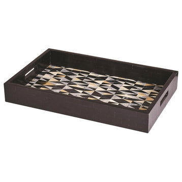 Elegant Inlaid Brass Diamond Serving Tray Black White Gray Gold Graphic