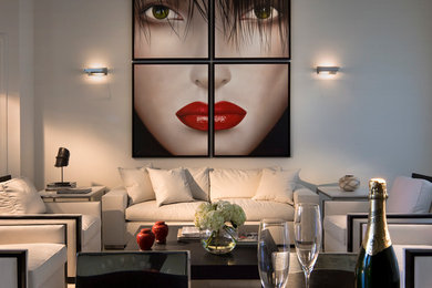 Living room - large contemporary open concept porcelain tile and beige floor living room idea in Miami with a bar, white walls, no fireplace and no tv