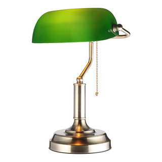 Adjustable Metal Bankers Desk Lamp with Glass Shade (Brass)