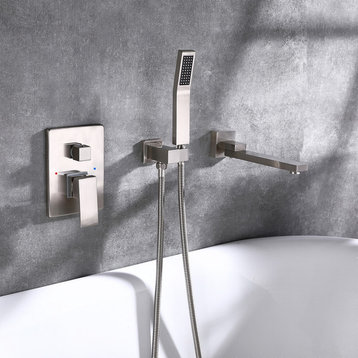 Wall Mounted Double Handle Roman Tub Faucet with Hand Shower, Brushed Nickel